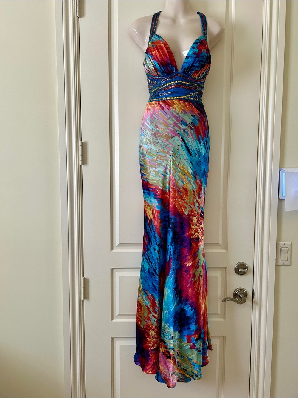 Y2K IGNITE Blue-Multi Embellished Evening/Prom Long Dress Size 6, NWOT